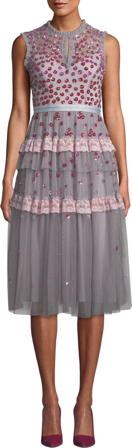 Needle & Thread Nova Sleeveless Floral-Applique Tulle Cocktail Midi Dress