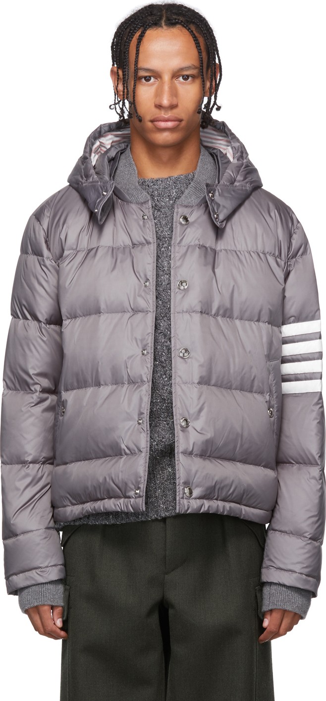 Thom Browne Grey Down 4-Bar Bomber Jacket