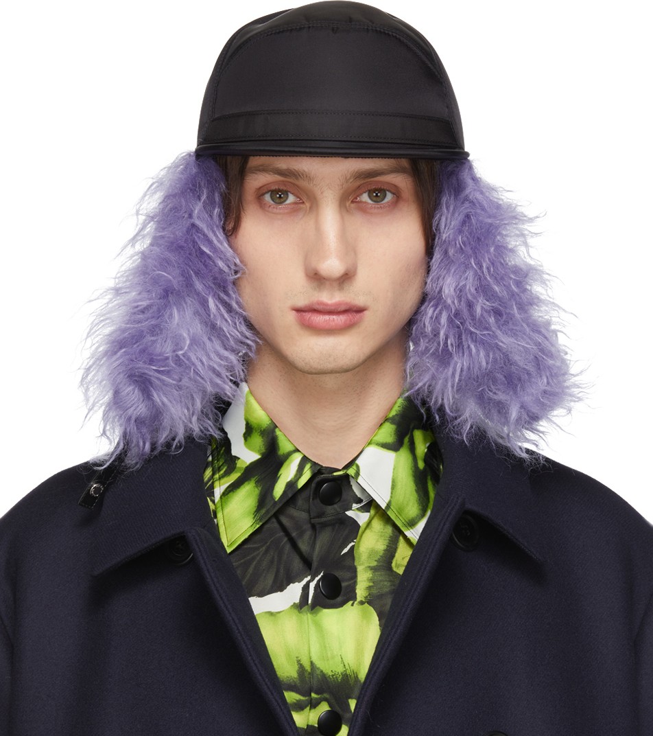 Prada Black & Purple Fur Flap Iris Cap