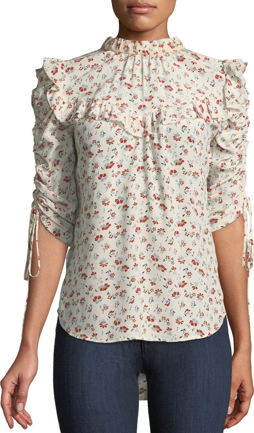 Veronica Beard Howell Floral-Print Silk Ruffle Top