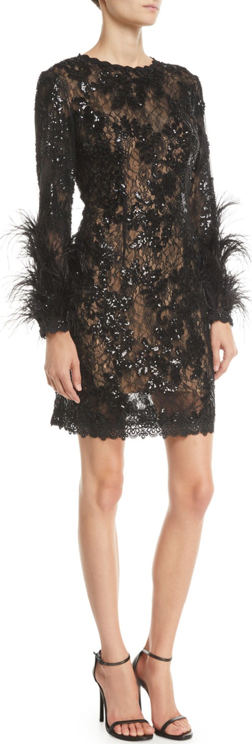 Jovani Sequin & Lace Dress w/ Feather Sleeves