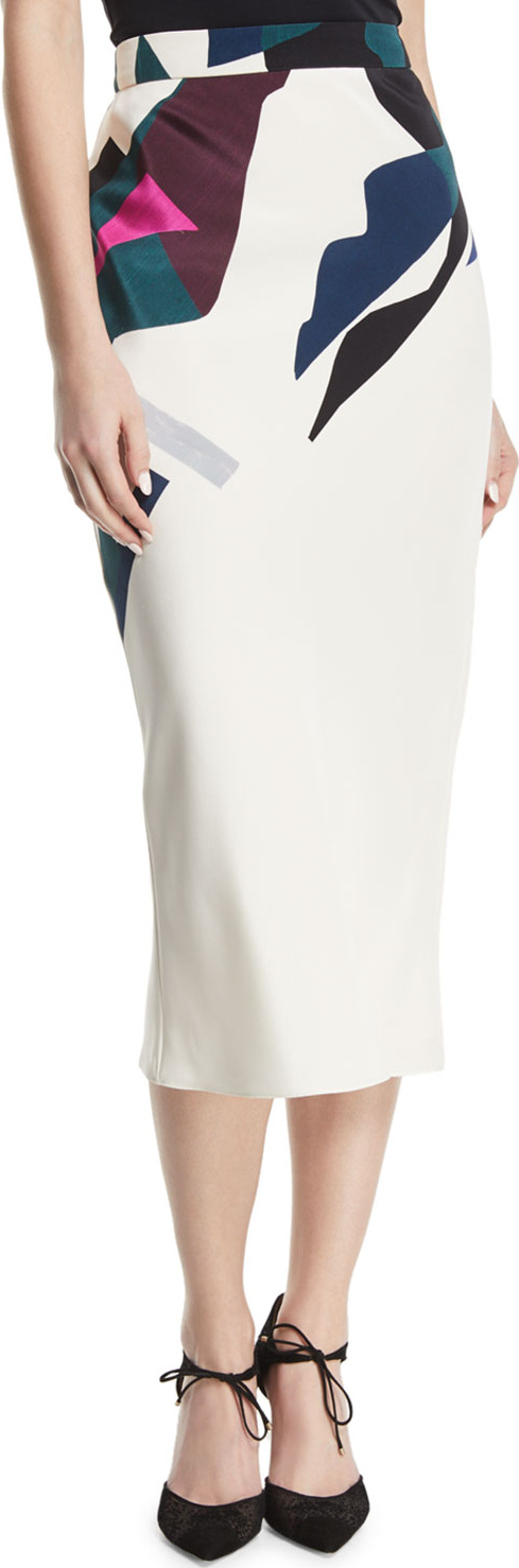Cushnie Et Ochs Expressionist-Print Bias-Cut Silk Crepe Midi Straight Skirt
