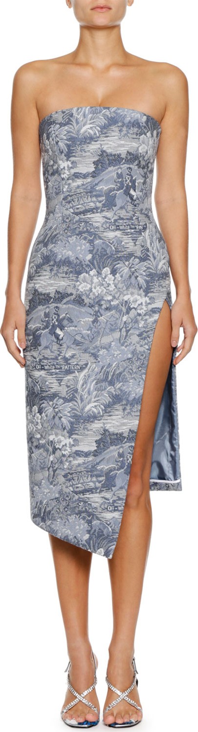 Off White Tapestry Strapless Side-Split Midi Dress