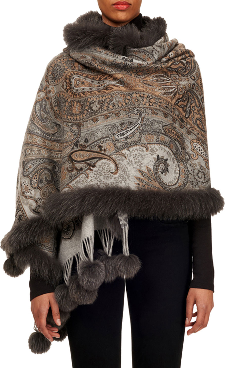 Gorski Double-Face Cashmere Stole w/ Fur Trim