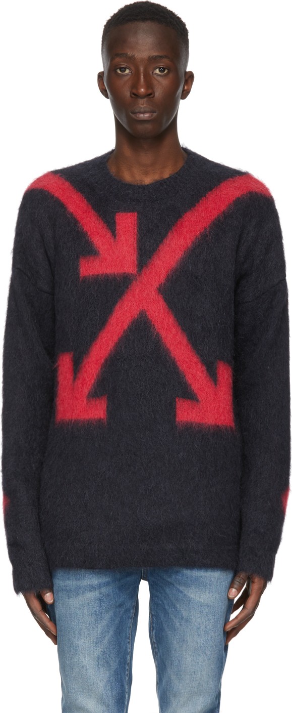 Off White Grey & Red Intarsia Arrows Sweater