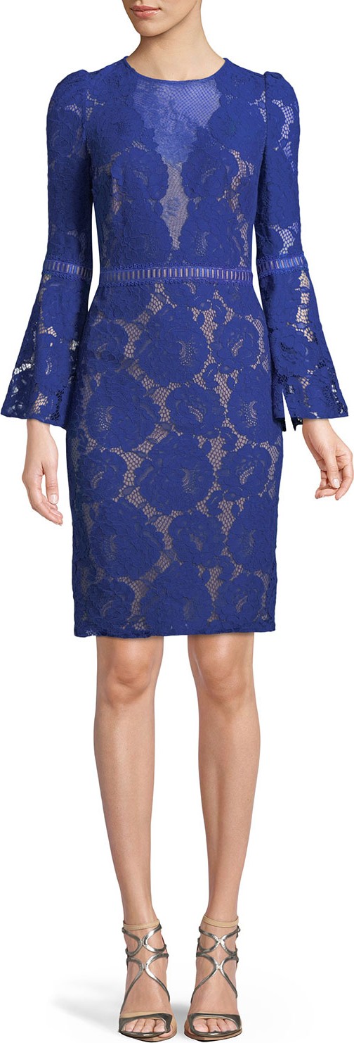 Tadashi Shoji High-Neck Bell-Sleeve Lace Cocktail Dress