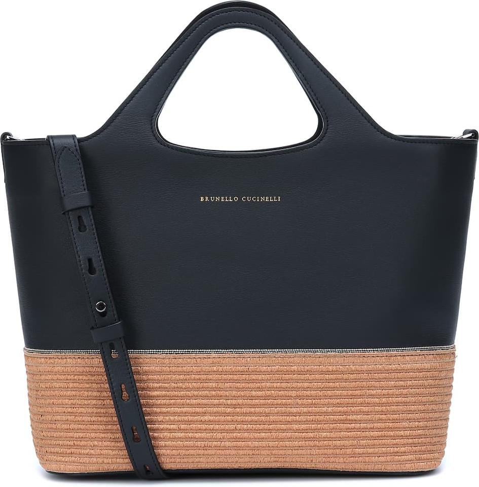Brunello Cucinelli Small leather and raffia tote