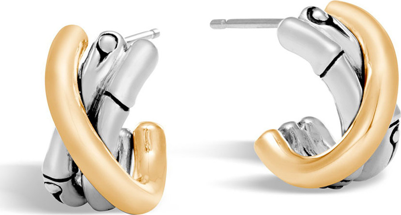 John Hardy Bamboo 18K Gold & Silver J Hoop Earrings