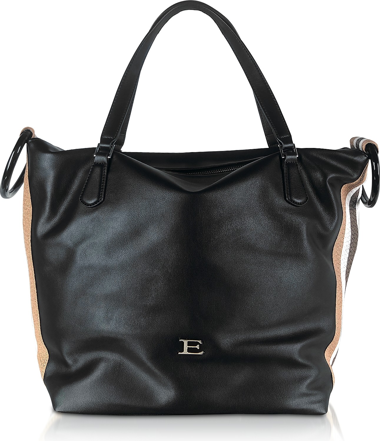 Ermanno Scervino Eleonora Black Leather Medium Tote w/Vertical Stripes