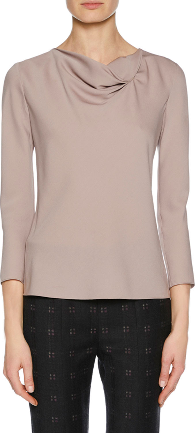Giorgio Armani Draped-Neck Long-Sleeve Silk Blouse, Pink