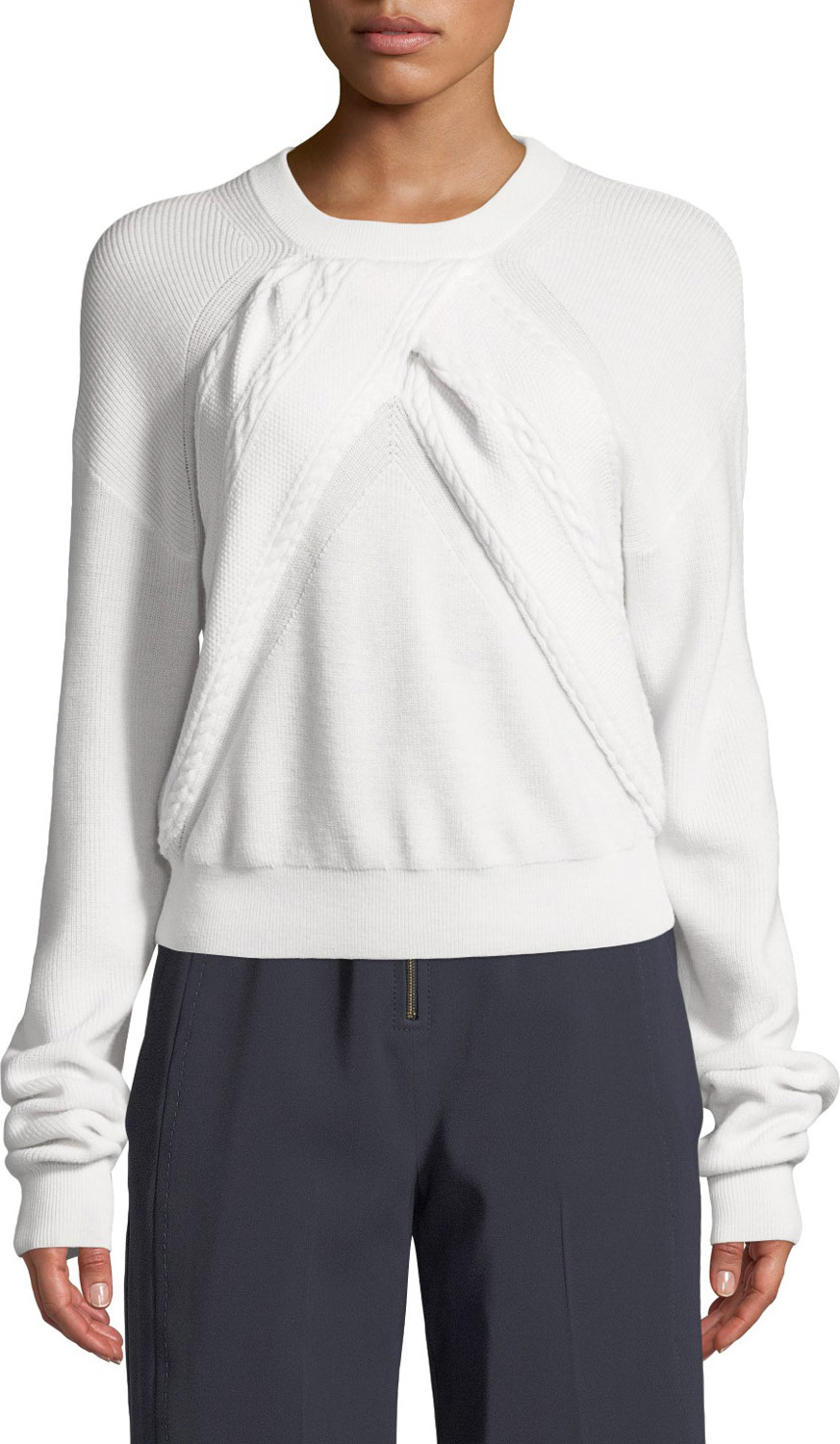 Carven Long-Sleeve Crewneck Sweater with Cable-Knit Front