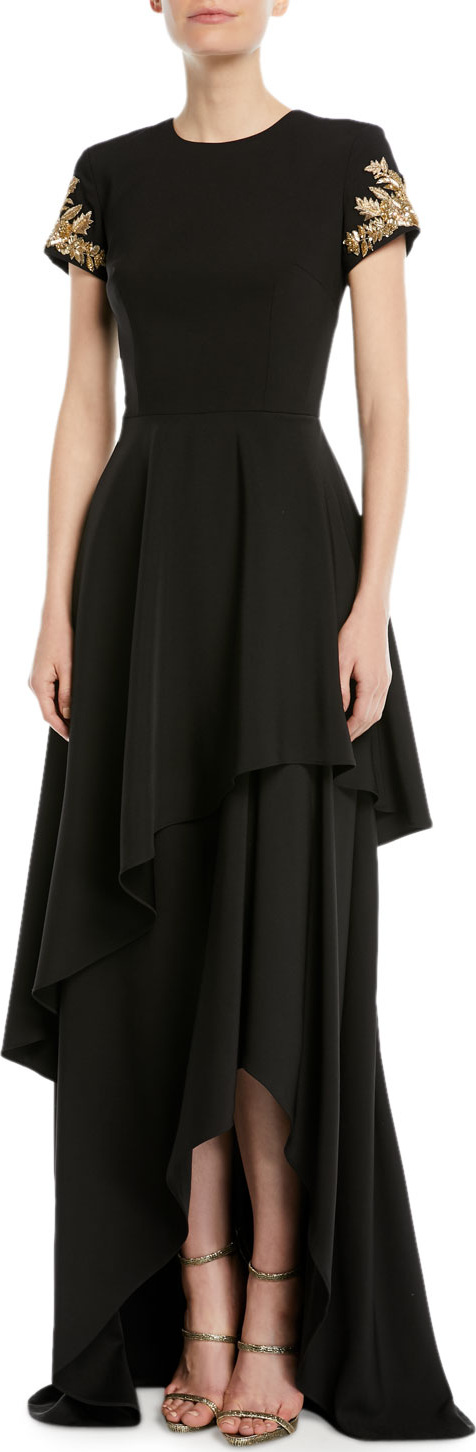 David Meister Tiered Skirted Gown w/ Beaded Sleeves