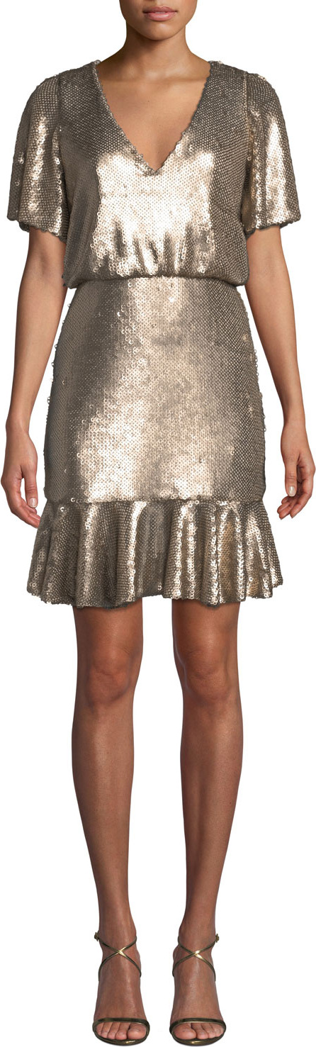 ML Monique Lhuillier V-Neck Mini Dress w/ Sequins