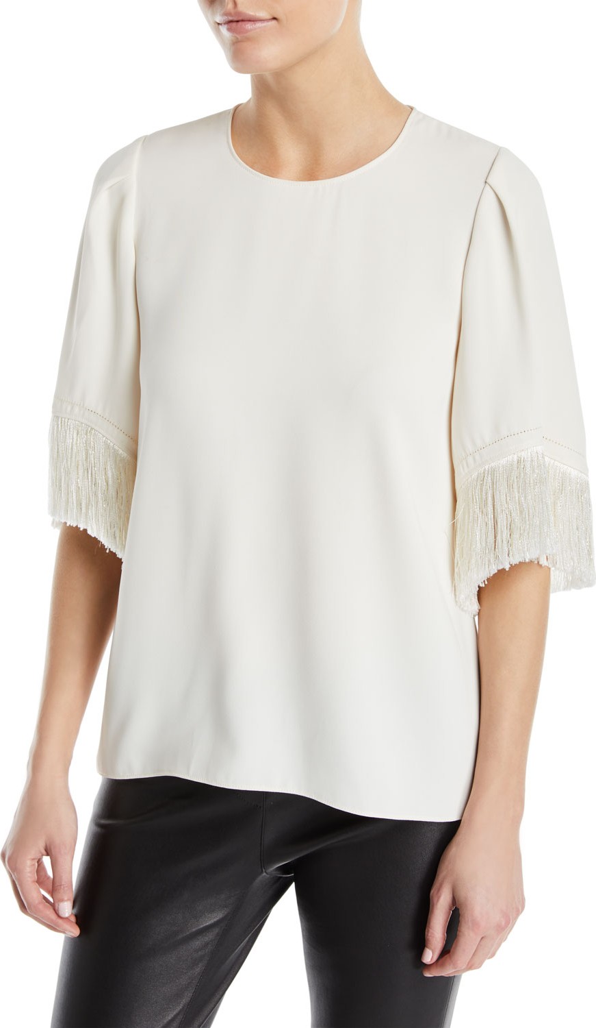 HALSTON HERITAGE Short-Sleeve Fringe Blouse