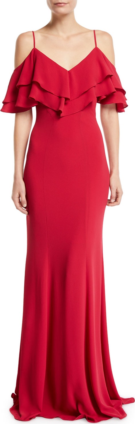 ZAC Zac Posen Marla Cold-Shoulder Crepe Gown w/ Ruffled Flounce