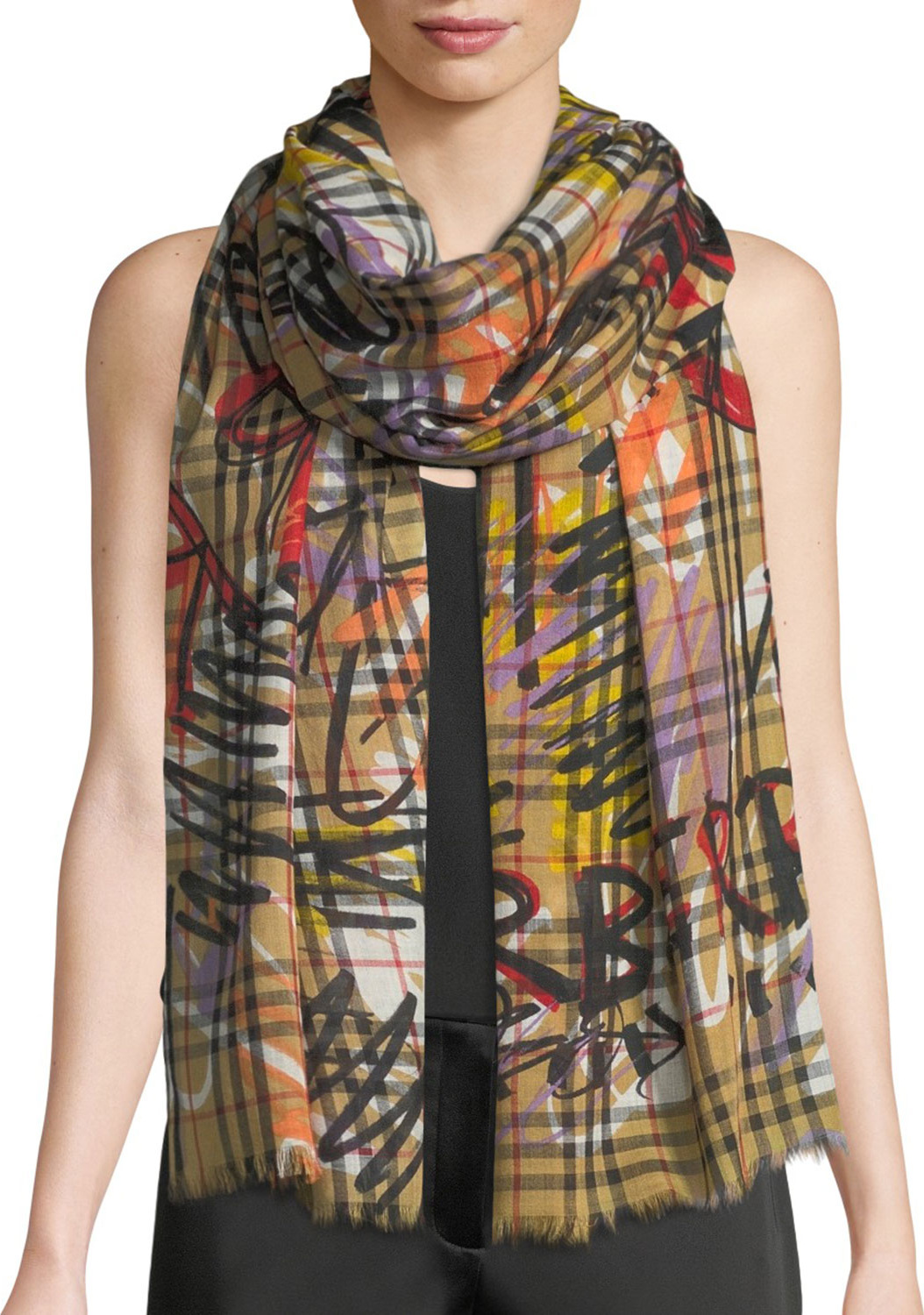 Burberry London England Vintage Check & Scribble-Print Gauze Scarf
