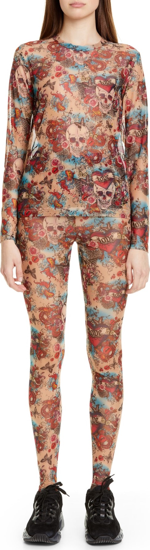 Comme Des Garcons Skull Tattoo Print Mesh Top & Leggings Set