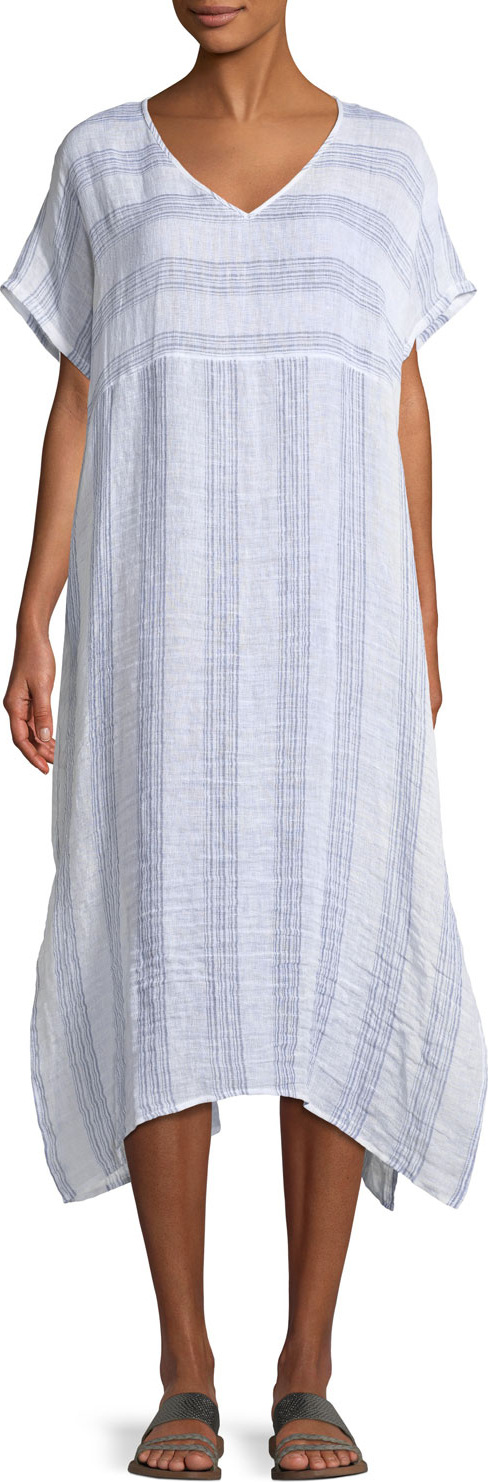 Eileen Fisher Gauze Striped Organic Linen V-Neck Dress
