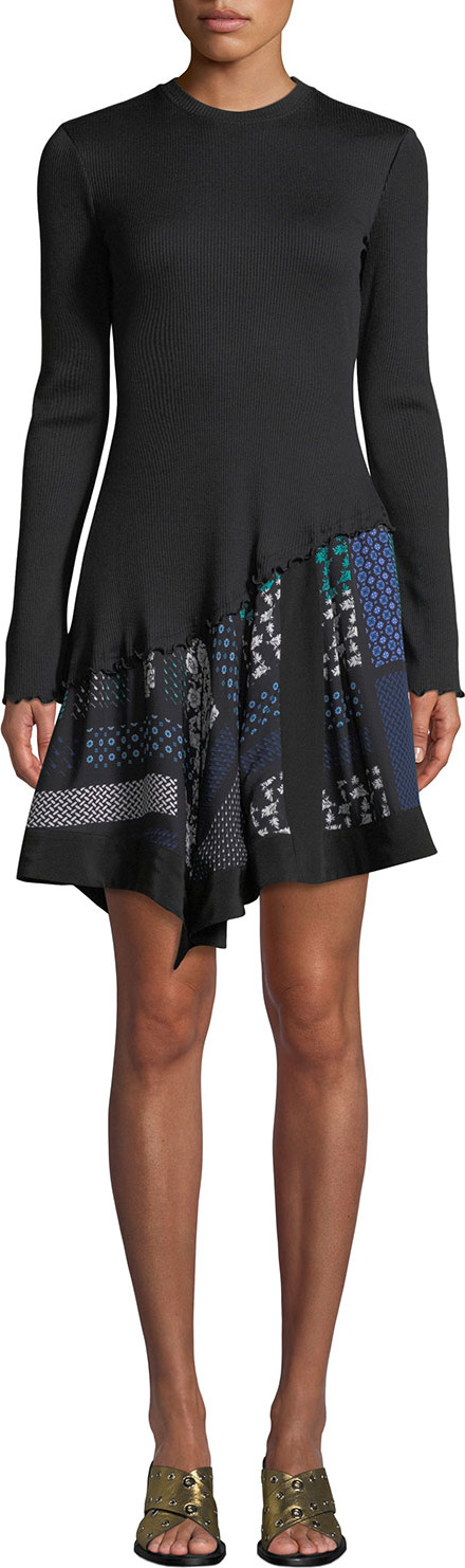 Derek Lam 10 Crosby Ribbed Long-Sleeve Dress with Scarf-Print Hem