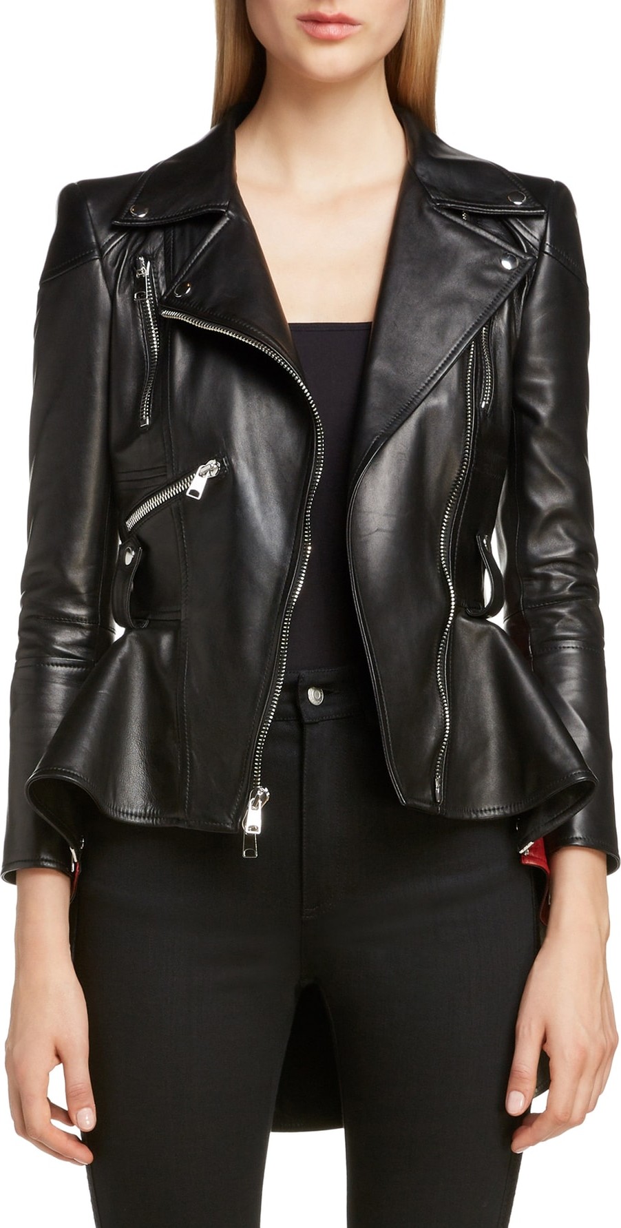 Alexander McQueen Paneled Peplum Hem Leather Biker Jacket