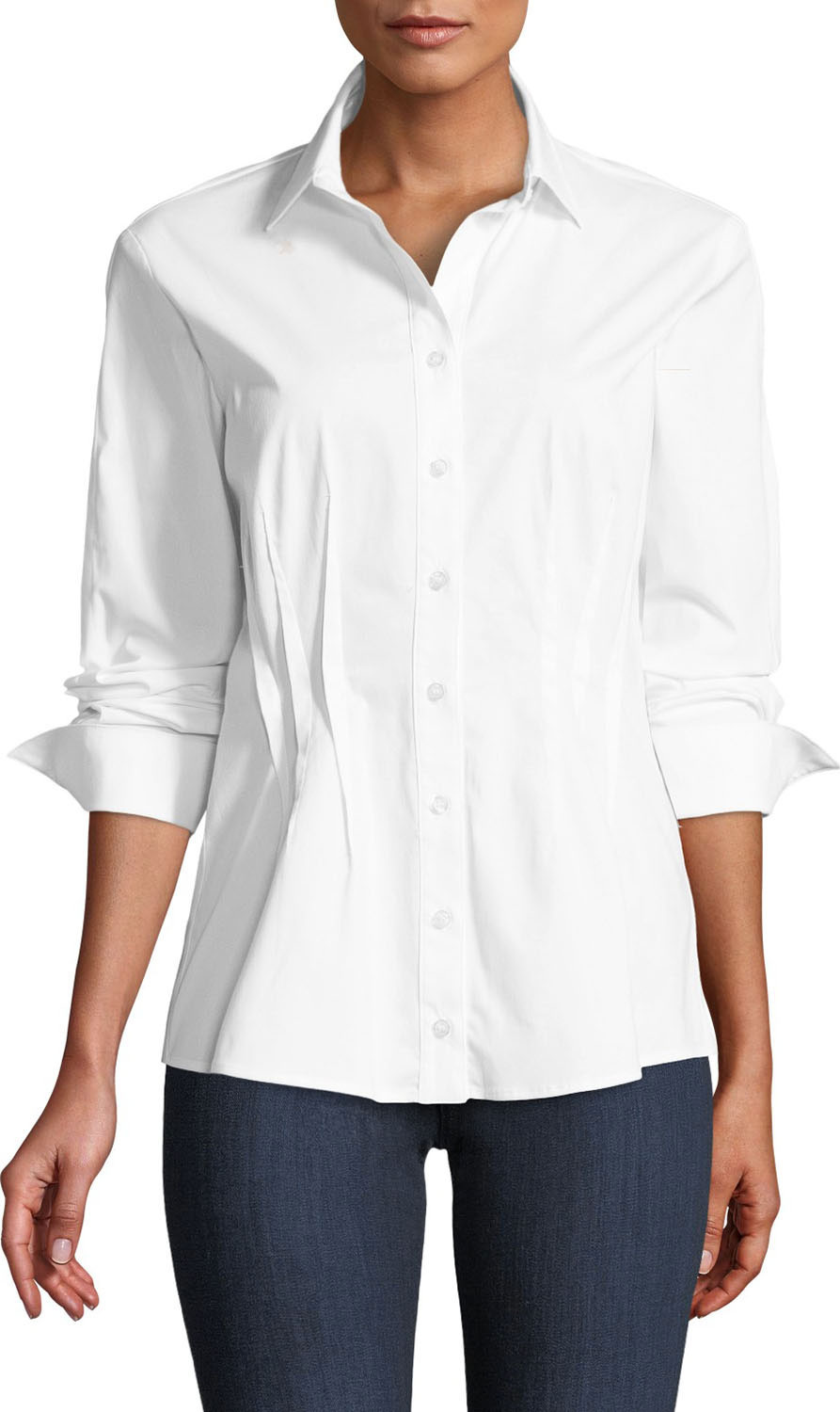 Finley Victoria Button-Front Long-Sleeve Fitted Blouse w/Darts & Cuff Detail