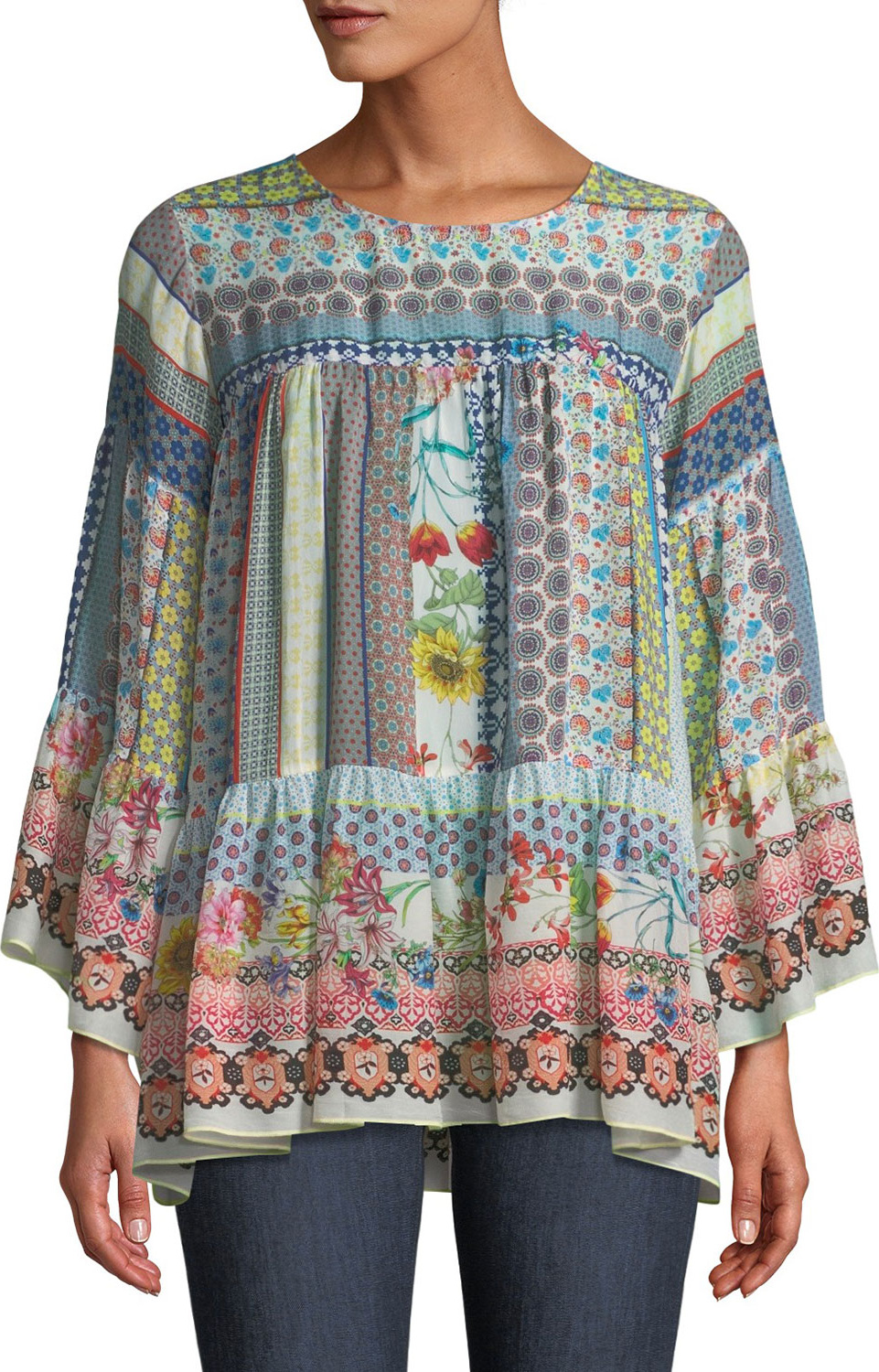 Johnny Was Peonies Georgette Flare-Sleeve Blouse