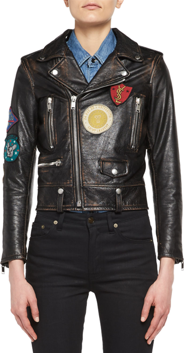 Saint Laurent Leather Moto Jacket with Patches