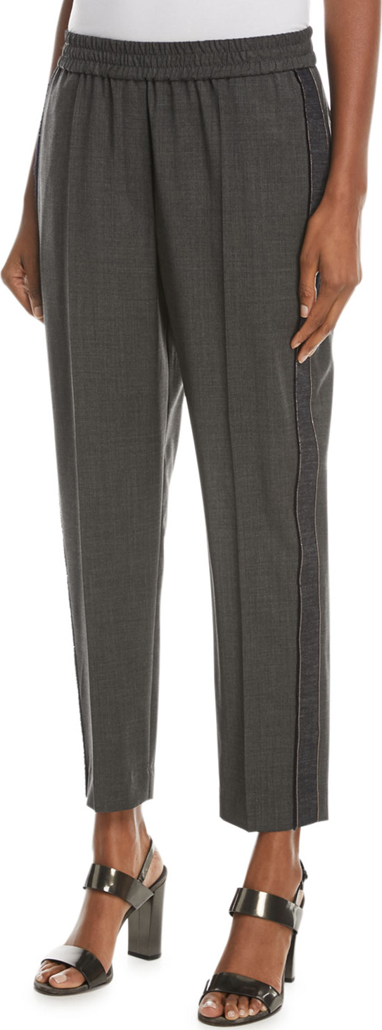 Brunello Cucinelli Wool Pull-On Pants with Denim and Monili Racing Stripe Brunello Cucinelli Wool Pull-On Pants with Denim and Monili Racing Stripe
