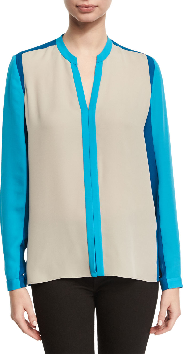 Elie Tahari Layne Long-Sleeve Colorblocked Silk Blouse