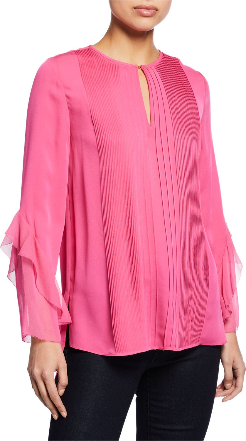 Elie Tahari Karin Crewneck Long-Sleeve Pintucked Blouse