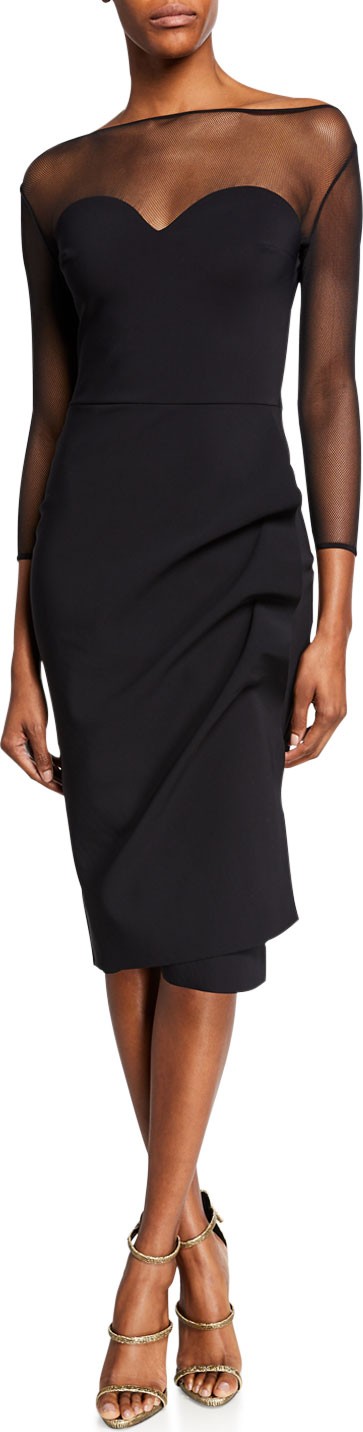 La Petite Robe di Chiara Boni Sweetheart Illusion 3/4-Sleeve Dress with Side-Shirred Skirt