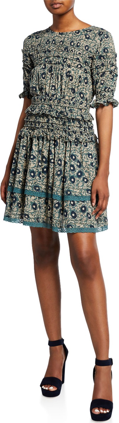 SEA Lucia Elbow-Sleeve Smocked Mini Dress