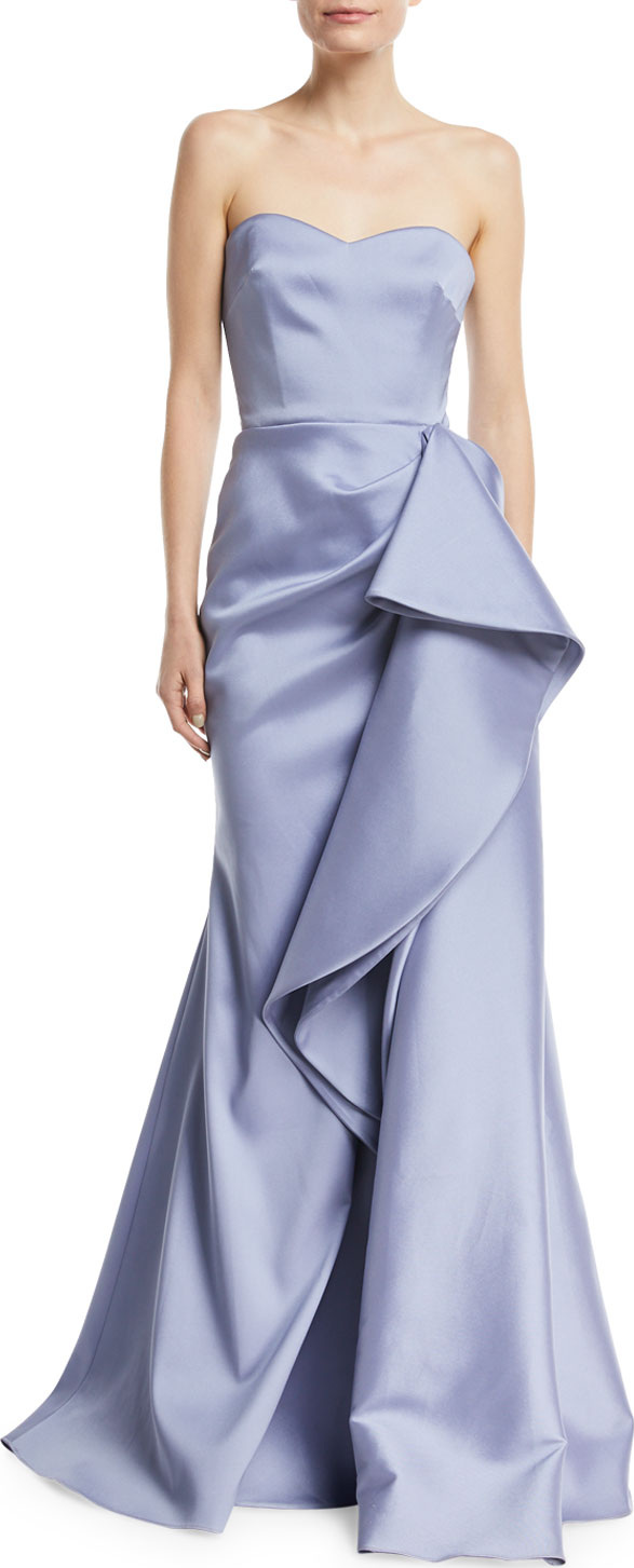 Badgley Mischka Strapless Mikado Bustier Gown w/ Asymmetric Ruffle
