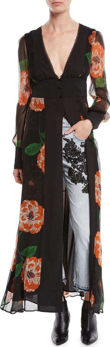 Le Superbe Mapplethorpe Plunging Floral-Print Duster Dress