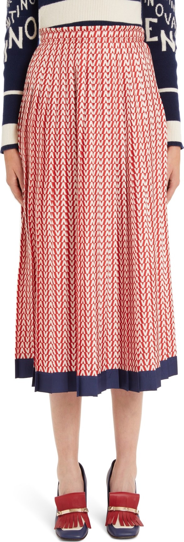 Valentino V-Print Silk Twill Pleated Midi Skirt