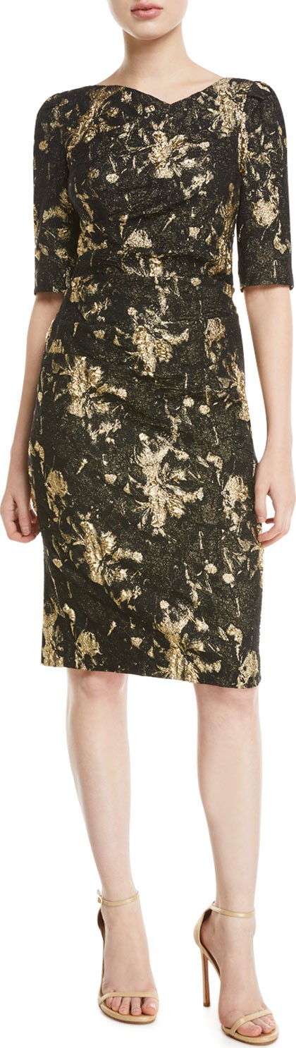 Rickie Freeman for Teri Jon Half-Sleeve Metallic Jacquard Draped Dress
