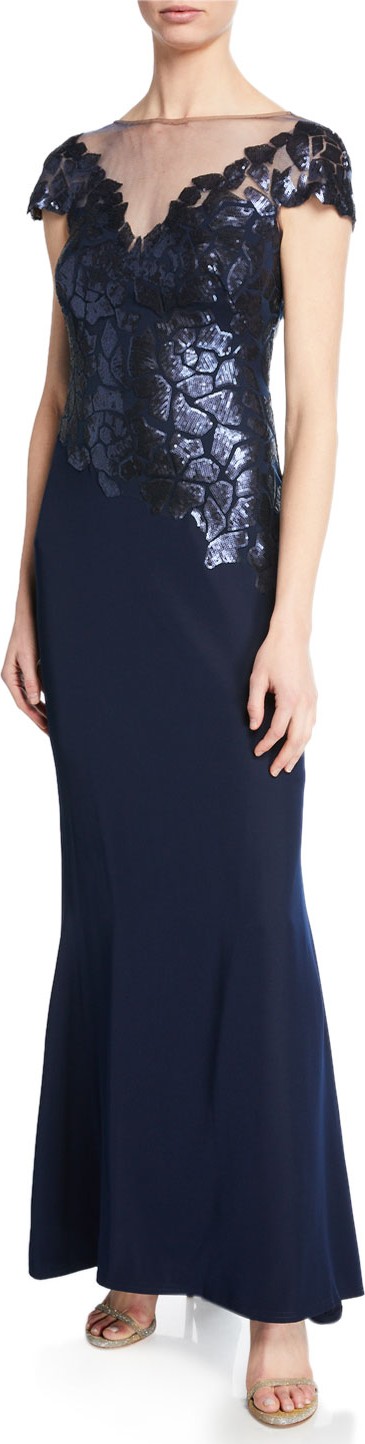 Tadashi Shoji Sequin-Pattern Boat-Neck Illusion Cap-Sleeve Crepe Gown