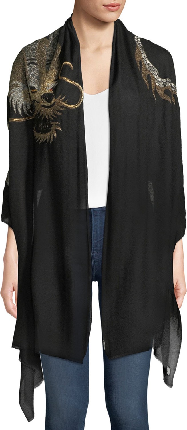 K Janavi Dragon Embroidered Cashmere Scarf