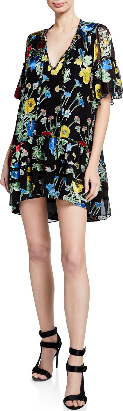 Alice + Olivia Pauline Floral-Print Ruffle Tunic Mini Dress