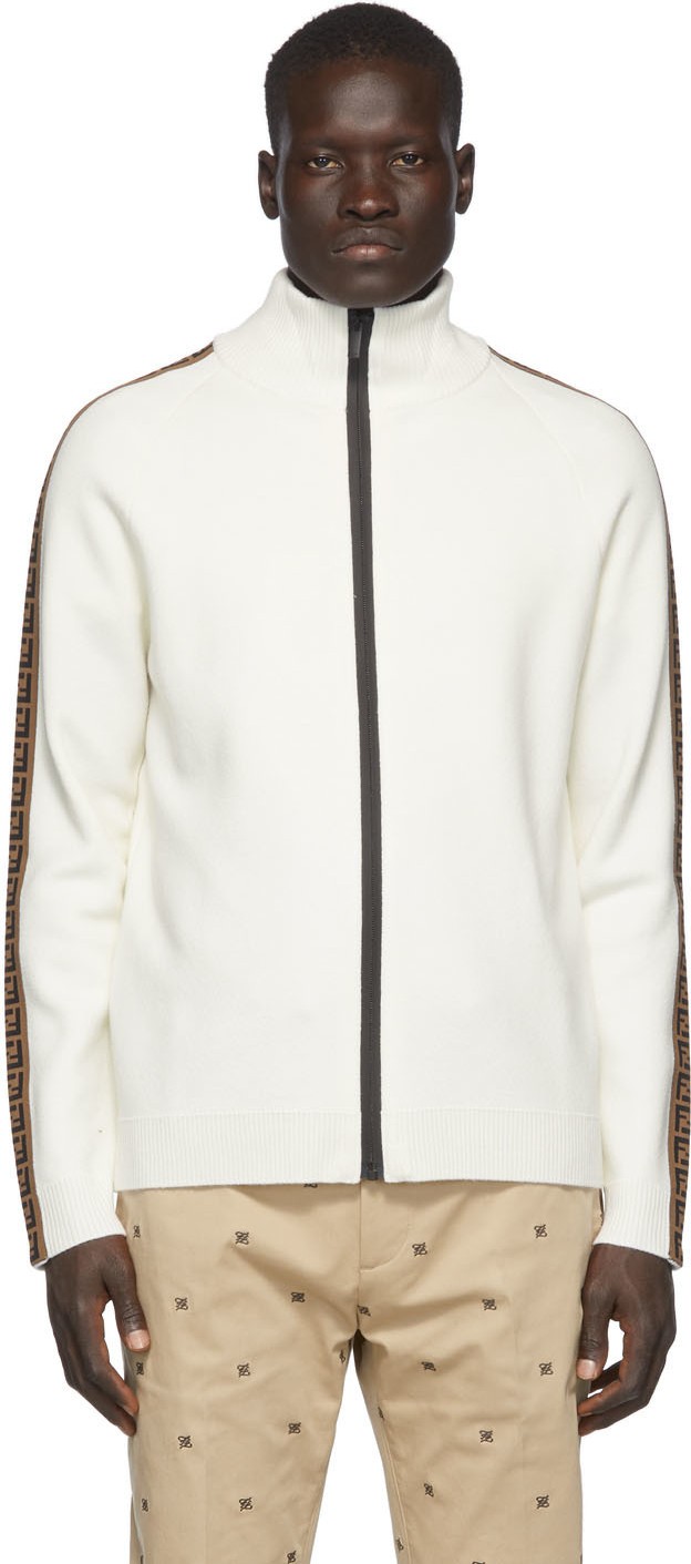 Fendi White 'Forever Fendi' Tape Zip-Up Sweater