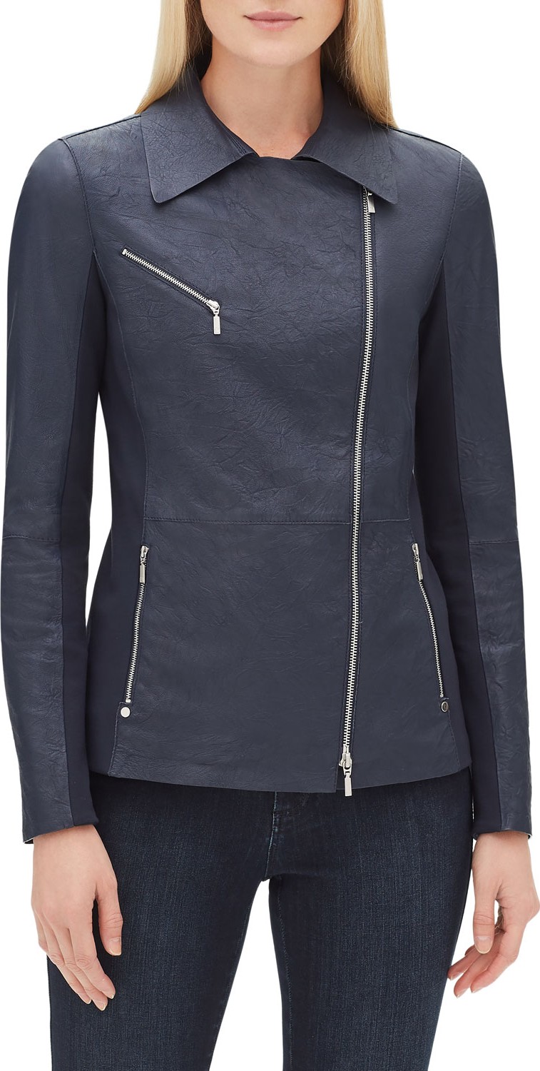 Lafayette 148 New York Elwood Zip-Front Weathered Lambskin Leather Moto Jacket w/ Ponte Combo