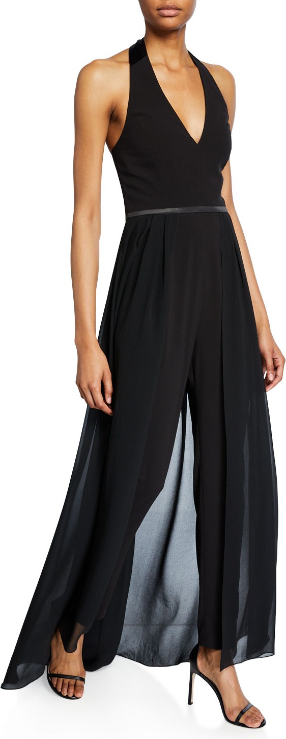 Halston Halter-Neck Crepe Jumpsuit with Georgette Skirt Overlay