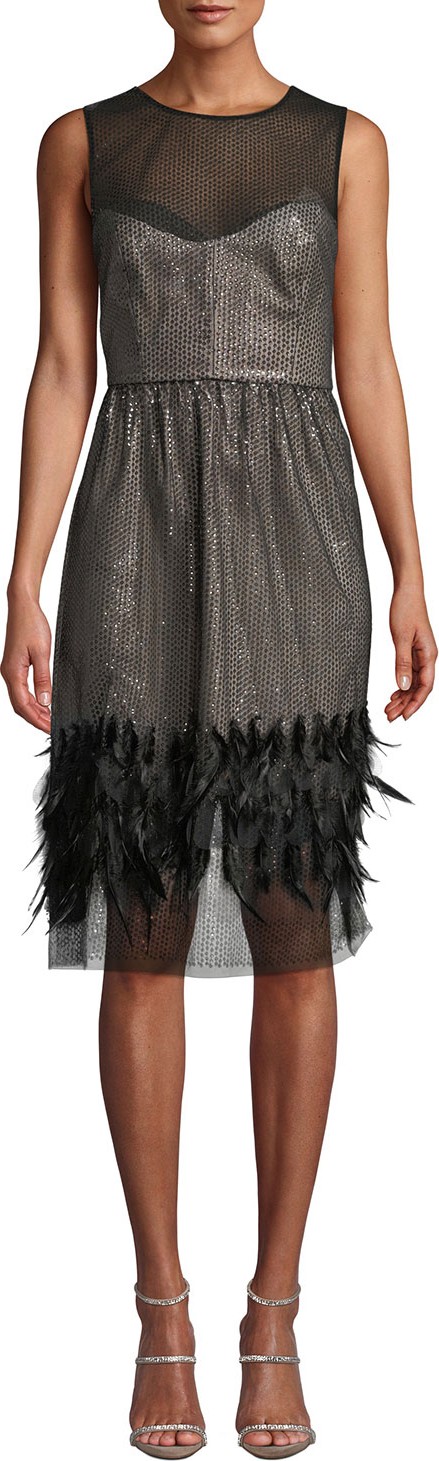 MILLY Margot Feather & Sequin Sheer Dress