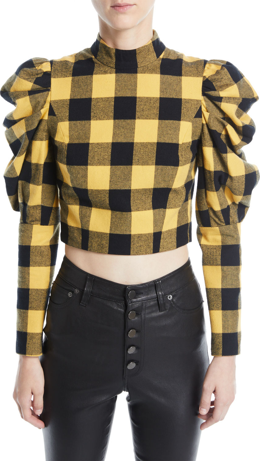 Alice + Olivia Brenna Check Puff-Sleeve Top