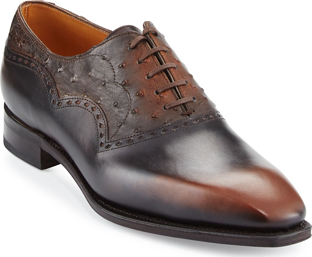 Corthay Wilfrid Ostrich & Leather Oxford Shoe, Brown