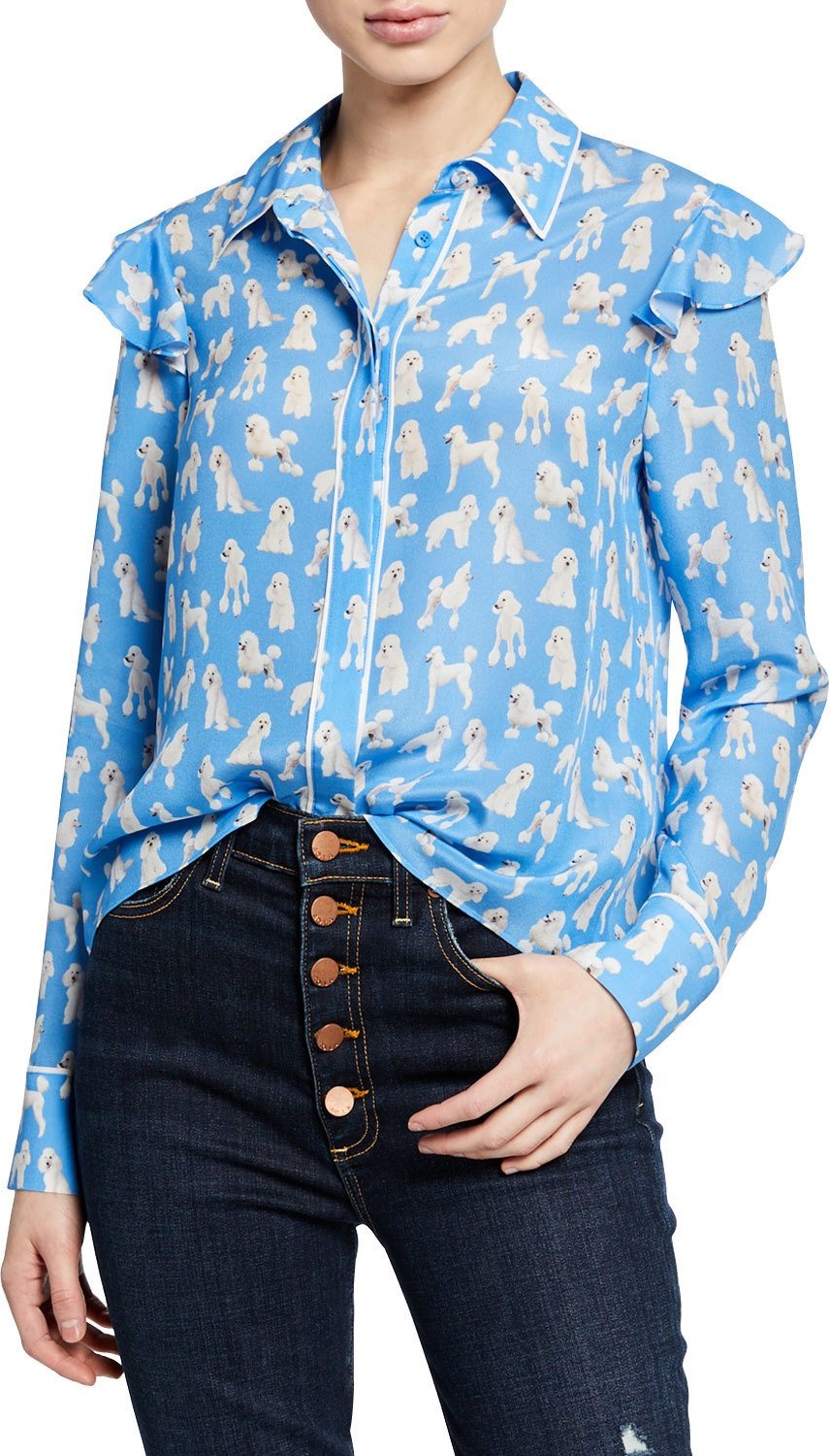 Alice + Olivia Zimmer Poodles Ruffle-Sleeve Blouse
