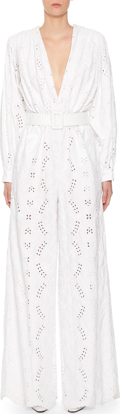 Off White 80s Sangallo Lace Plunge-Neck Jumpsuit