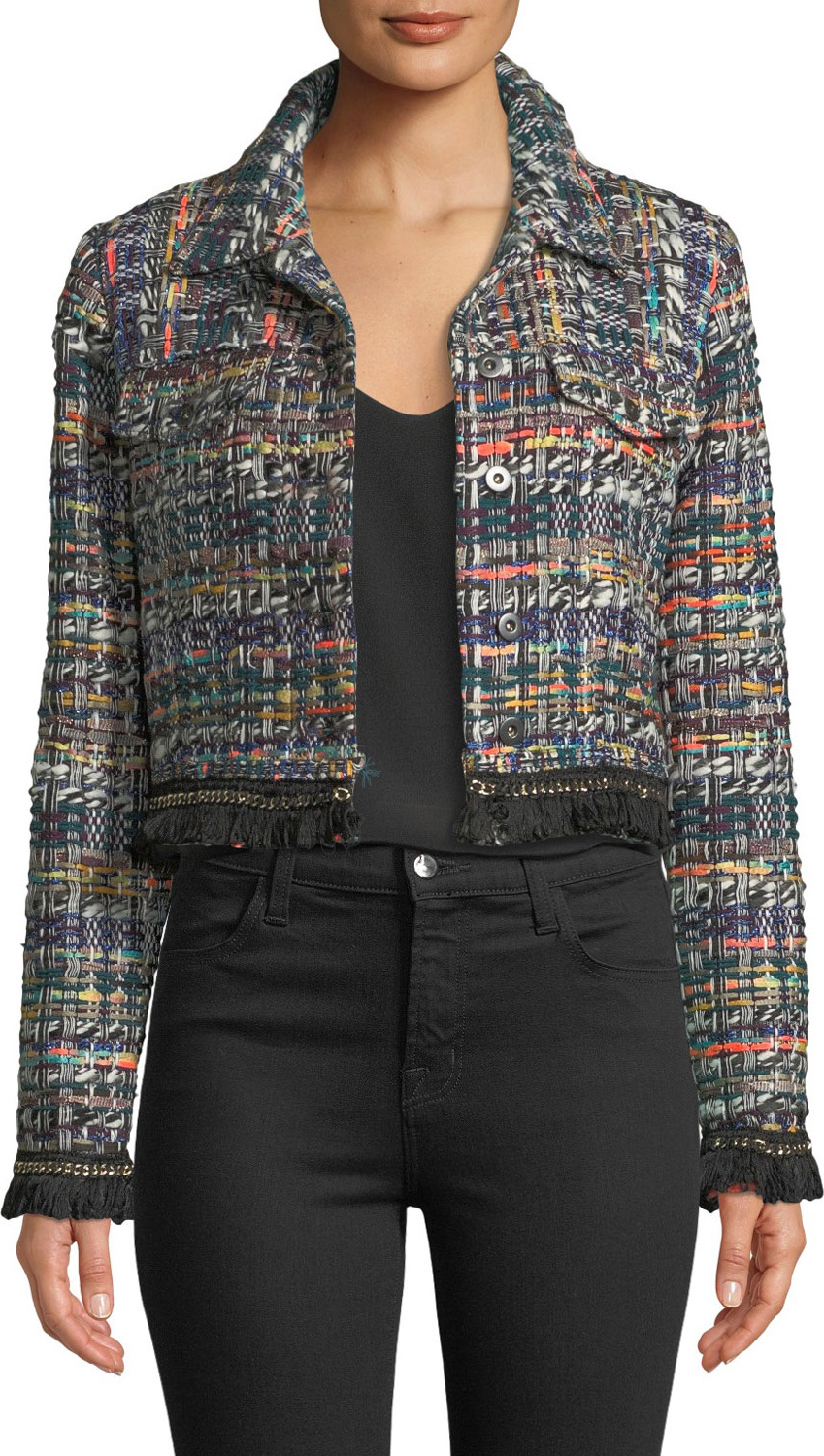 MILLY Button-Front Cropped Multicolor Tweed Jacket w/ Fringe Hem