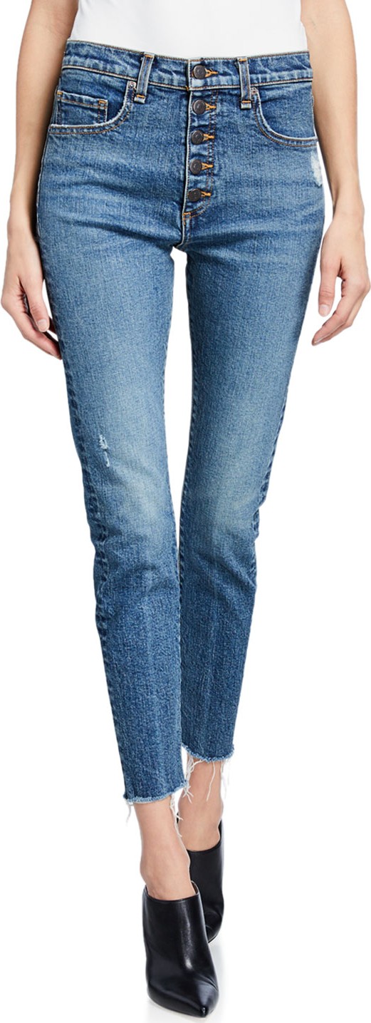 Veronica Beard Faye High-Rise Button-Fly Skinny Jeans w/ Frayed Hem