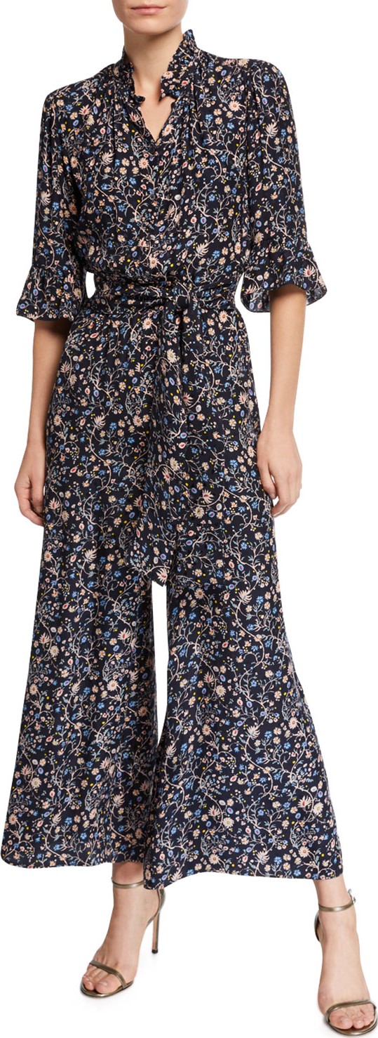 Rebecca Taylor Vivianna Long-Sleeve Floral-Print Silk Jumpsuit